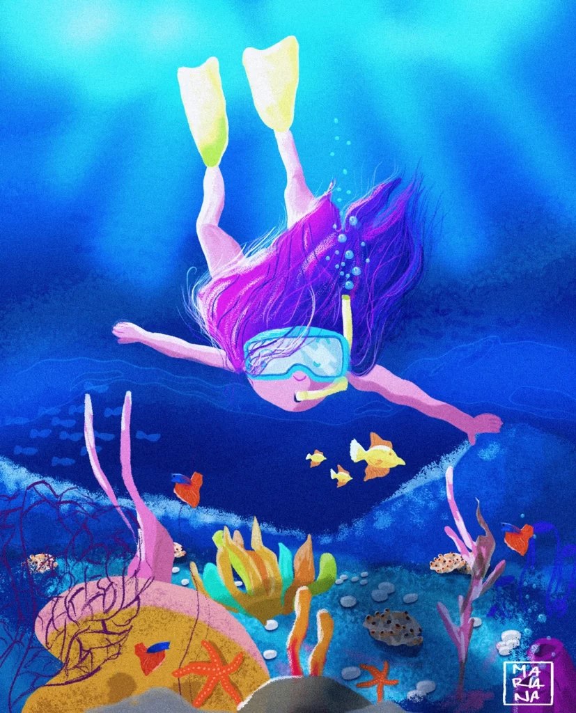 Girl Diving and Exploring Sea Bed Illustration